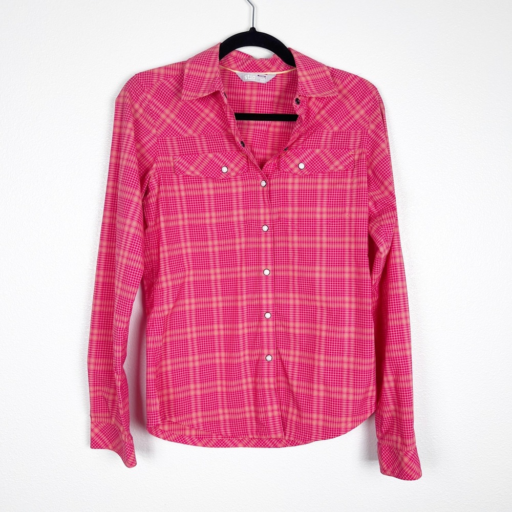 Stio Women's Long Sleeve Pearl Snap Plaid Shirt Pink Sz XS